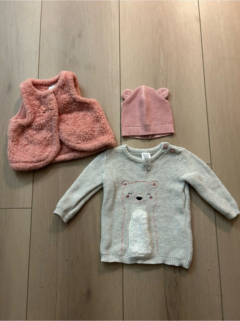 Carter's Pink Fuzzy Vest, Pink Bear Ear Hat & Cream Bear Sweater Set